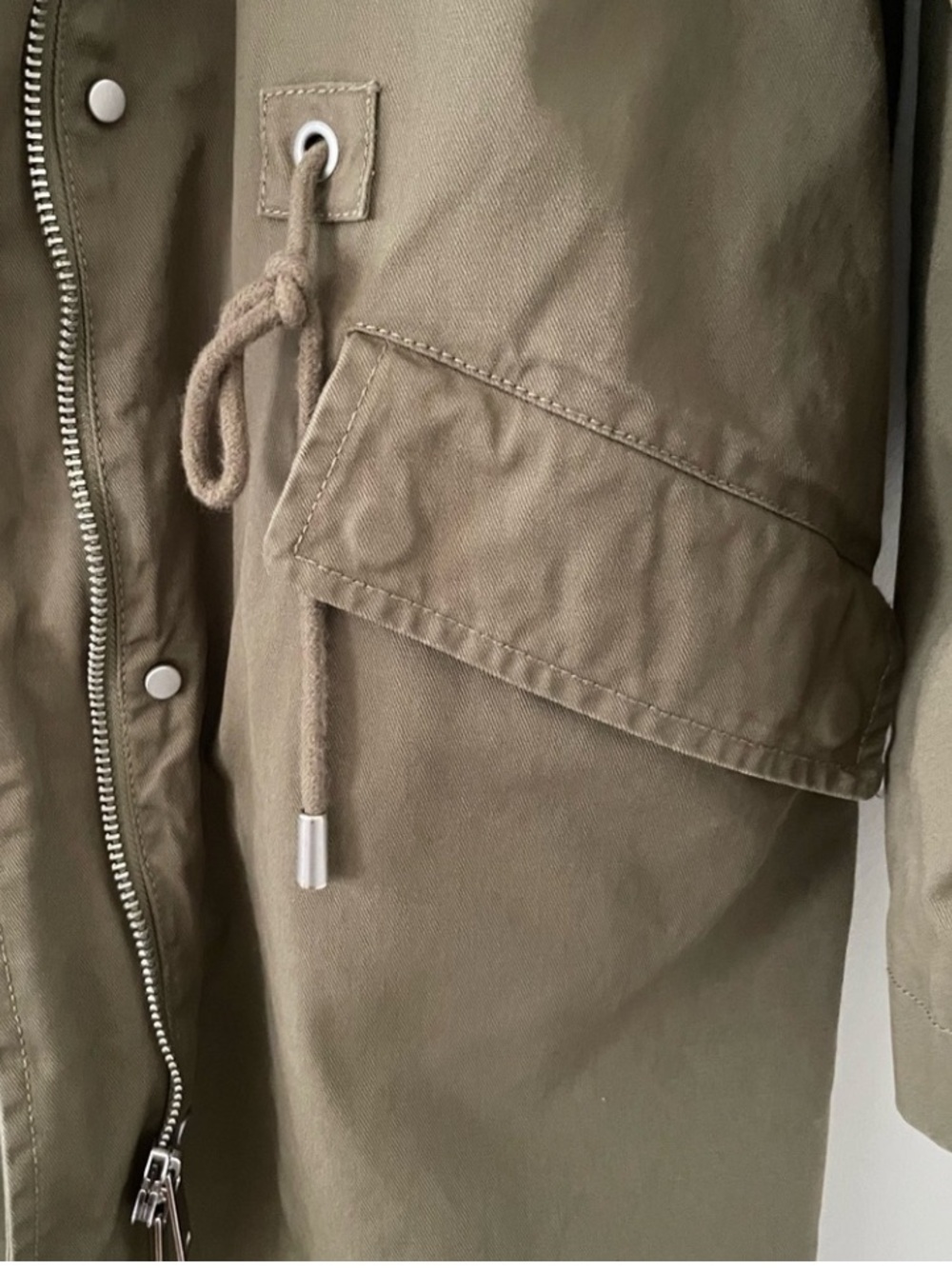 Zara Trench Coat Removable Hood Cotton Parka Size Small Army Green Oversized - Picture 8 of 13
